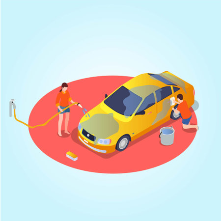 Couple washing car isometric 3d vector concept for banner, website, illustration, landing page, flyer, etc.のイラスト素材