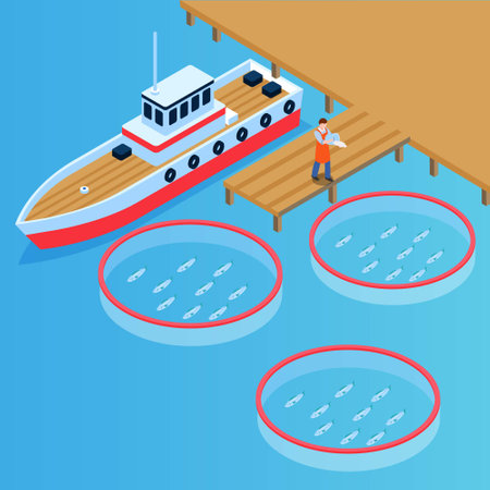 Fish farm industry isometric 3d vector concept for banner, website, illustration, landing page, flyer, etc.のイラスト素材