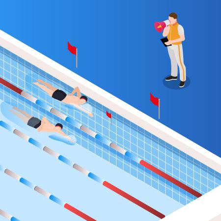 Swimming training with coach isometric 3d flat vector illustration concept for banner, website, landing page, ads, flyer template, etcのイラスト素材