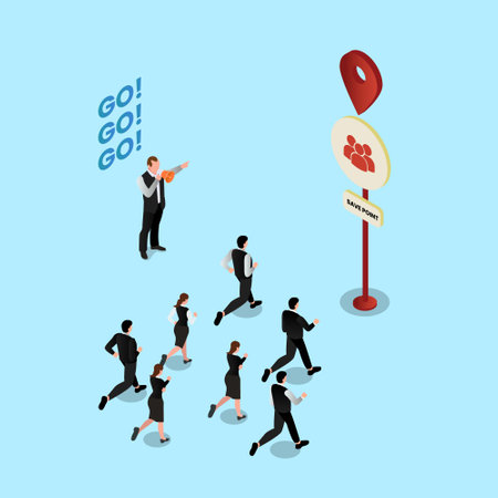 Business people running to save point isometric 3d flat vector illustration concept for banner, website, landing page, ads, flyer template, etcのイラスト素材