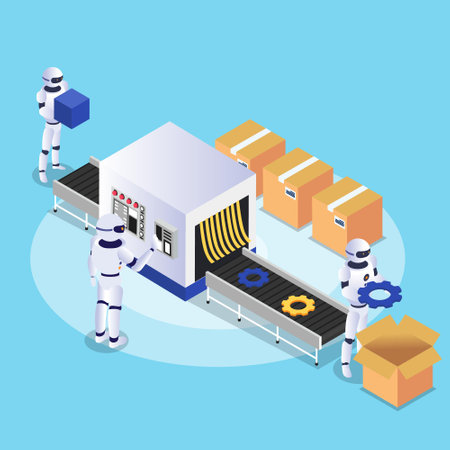 Industry 4.0 concept - robots working in a factory 3d isometric flat vector illustration concept for banner, website, landing page, ads, flyer template, etcのイラスト素材