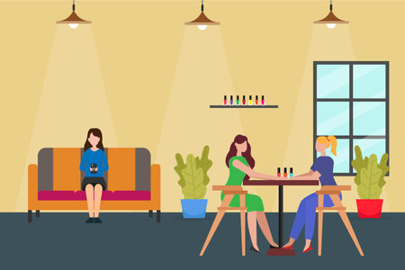 Beauty salon vector concept. Female manicurist applying nail polish to her customers in the beauty salonのイラスト素材