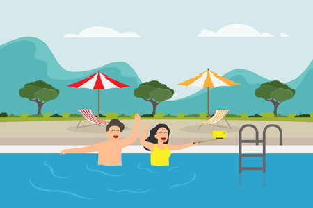 Happy couple takiing self portrait at swimming pool 2d flat vector illustration concept for banner, website, landing page, ads, flyer templateのイラスト素材