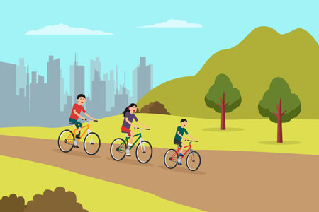 Happy family riding out of city 2d flat vector illustration concept for banner, website, landing page, ads, flyer templateのイラスト素材