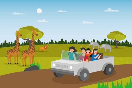 Family and kids at safari park 2d flat vector illustration concept for banner, website, landing page, ads, flyer templateのイラスト素材