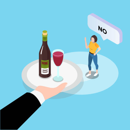 Young woman refused drinking alcohol offered by waiter 3D isometric vector concept for banner, website, illustration, landing page, flyer, etcのイラスト素材