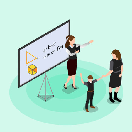 Math teacher and students 3D isometric vector concept for banner, website, illustration, landing...
