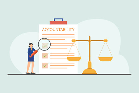 Accountability vector concept. Young businesswoman using a magnifying glass to checking accountability data on the clipboardのイラスト素材