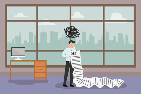 Debt vector concept. Depressed businessman checking long paper of debt while standing with chaotic symbols over his headのイラスト素材
