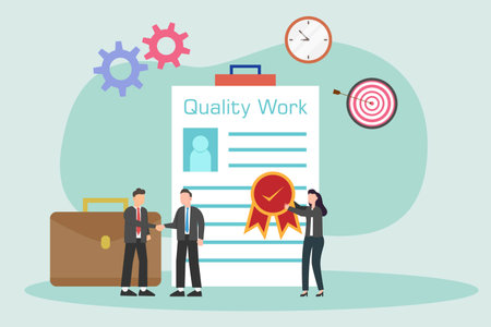 Quality work vector concept. Two business people giving reward to their best employee while standing in the officeのイラスト素材