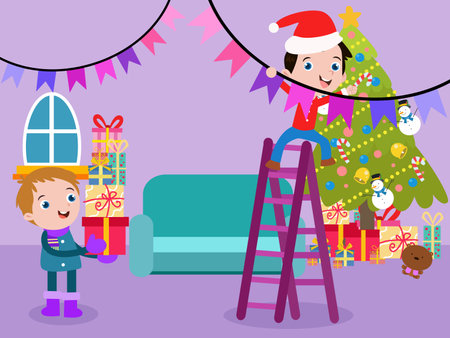 Christmas vector concept. Two happy kids preparing Christmas party while decorating living room at homeのイラスト素材