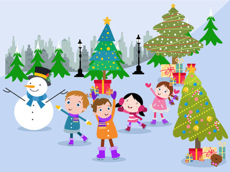 Christmas vector concept. Crowded kids holding Christmas present while standing at the snowy parkのイラスト素材