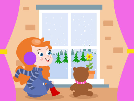 Winter weather vector concept: Little daughter looking snow while sitting with her teddy bear near the windowのイラスト素材