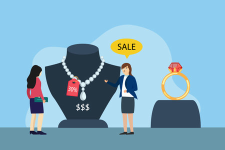 Woman shows lady jewelry on sale vector illustration flat designのイラスト素材