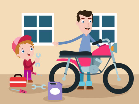 Helping vector concept. Young father repairing a motorcycle while helped by his son in the garageのイラスト素材