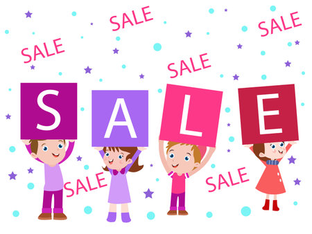 Sale vector concept. Group of happy children holding sale word while standing togetherのイラスト素材