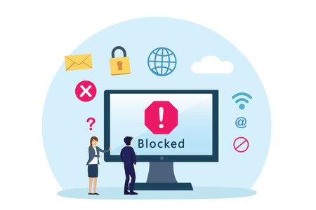 Blocked vector concept. Two people looking at computer monitor with blocked internet siteのイラスト素材