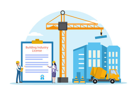 Building industry license vector concept. Two workers standing with building industry license while working in construction siteのイラスト素材