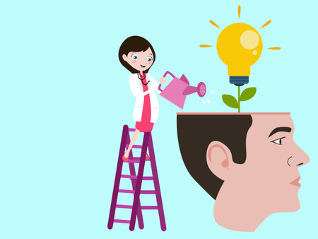 Mental health vector concept: Female therapist watering brain of man with light bulb over his head while standing on the stairのイラスト素材