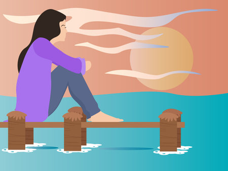 Mental health vector concept: Depressed woman sitting on the edge of sea while thinking her problemのイラスト素材