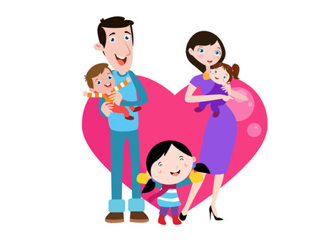 Happy family vector  concept: Happy parents and children standing together with heart shapeのイラスト素材