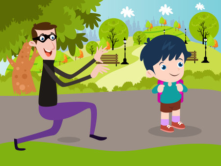 Kidnapping vector concept: Kidnaper spying schoolboy in the park while standing near himのイラスト素材