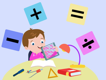 Back to school vector concept: Schoolboy studying mathematics on his desk while using abacusのイラスト素材