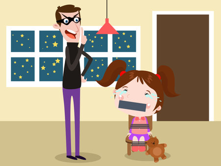 Kidnapping vector concept: Little girl crying on the chair while cruel kidnaper threatening herのイラスト素材