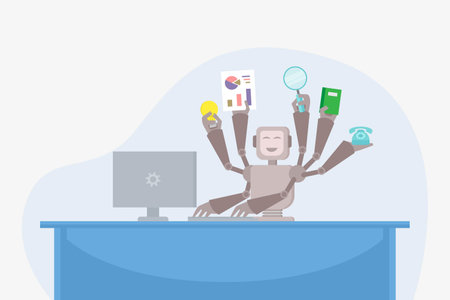 Robot vector concept: Robot worker working with many tasks in the office while using computerのイラスト素材