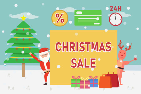 Christmas sale vector concept: Santa claus and reindeer showing christmas sale on the board with christmas thingsのイラスト素材