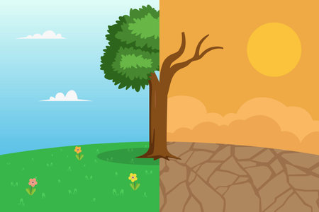 Differences land vector concept: Differences between fertile soil and bad land with big tree in the centerのイラスト素材
