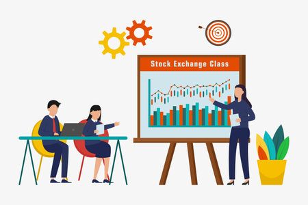 Stock exchange vector concept: Businesswoman explaining graph of stock exchange to her classのイラスト素材