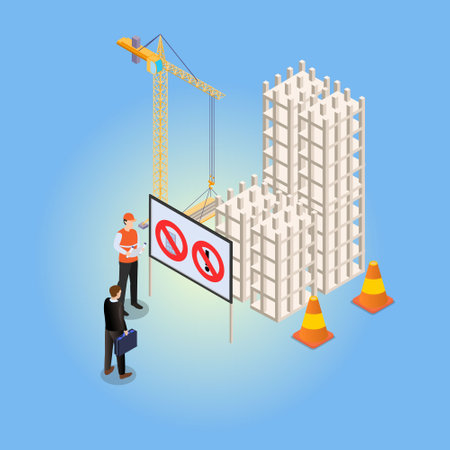 Illegal buildings vector concept. Two workers standing in construction site with Illegal buildings symbol on the signboardのイラスト素材