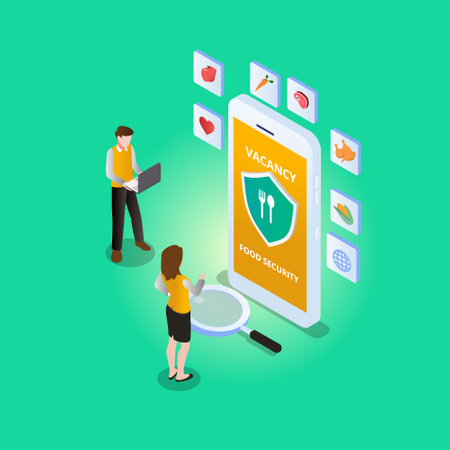 Food security vector concept. Two business people standing with vacancy food security text on mobile phone screenのイラスト素材