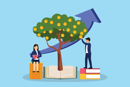 Two business people picking coins on money trees while standing with books and upward arrowのイラスト素材