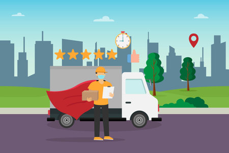 Courier vector concept: Courier man gets five stars from his customer while delivering the packageのイラスト素材