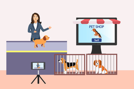 Woman making video for selling online dog on mobile phone application. Online pet shop vector conceptのイラスト素材