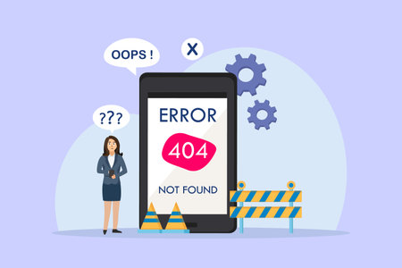 Error web page vector concept: Young woman feeling confused with error 404 not found on the screenのイラスト素材