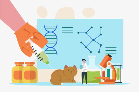 Animal experiment vector concept: Hand of researcher injects cat for his experiment in the laboratoryのイラスト素材
