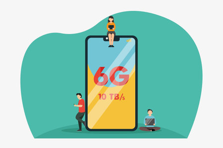 6G Connection vector concept: Group of young people using their device with 6G connectionのイラスト素材