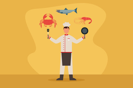 Seafood vector concept: Male chef preparing seafood menu while holding frying panのイラスト素材