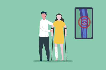 Walking therapy vector concept: Female patient try to walk with her male therapist in the clinicのイラスト素材