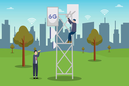 6G Connection vector concept: Male maintenance installing 6G tower while his boss looking with...