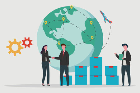 Logistics export import vector concept: Young woman and man handshaking for business cooperationのイラスト素材