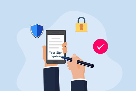 Business signature vector concept. Businessman hand writes an online signature on the mobile phone screenのイラスト素材