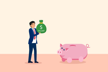 Salary vector concept. Businessman saving his salary inside a piggy bankのイラスト素材