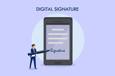 Business signature vector concept. Businessman writes an electronic signature in contract on mobile phoneのイラスト素材