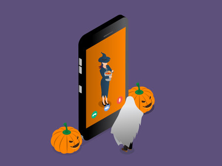 Celebrating halloween online 3d isometric vector illustration concept for banner, website, landing page, ads, etcのイラスト素材