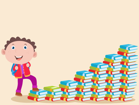 Cute schoolboy with backpack standing on a staircase of books 2d cartoon vector illustrationのイラスト素材