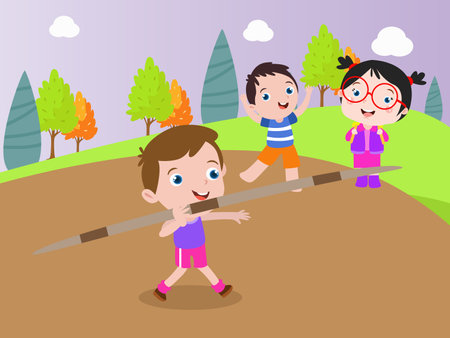 Cute kids in javelin throwing competition 2d cartoon vector illustrationのイラスト素材